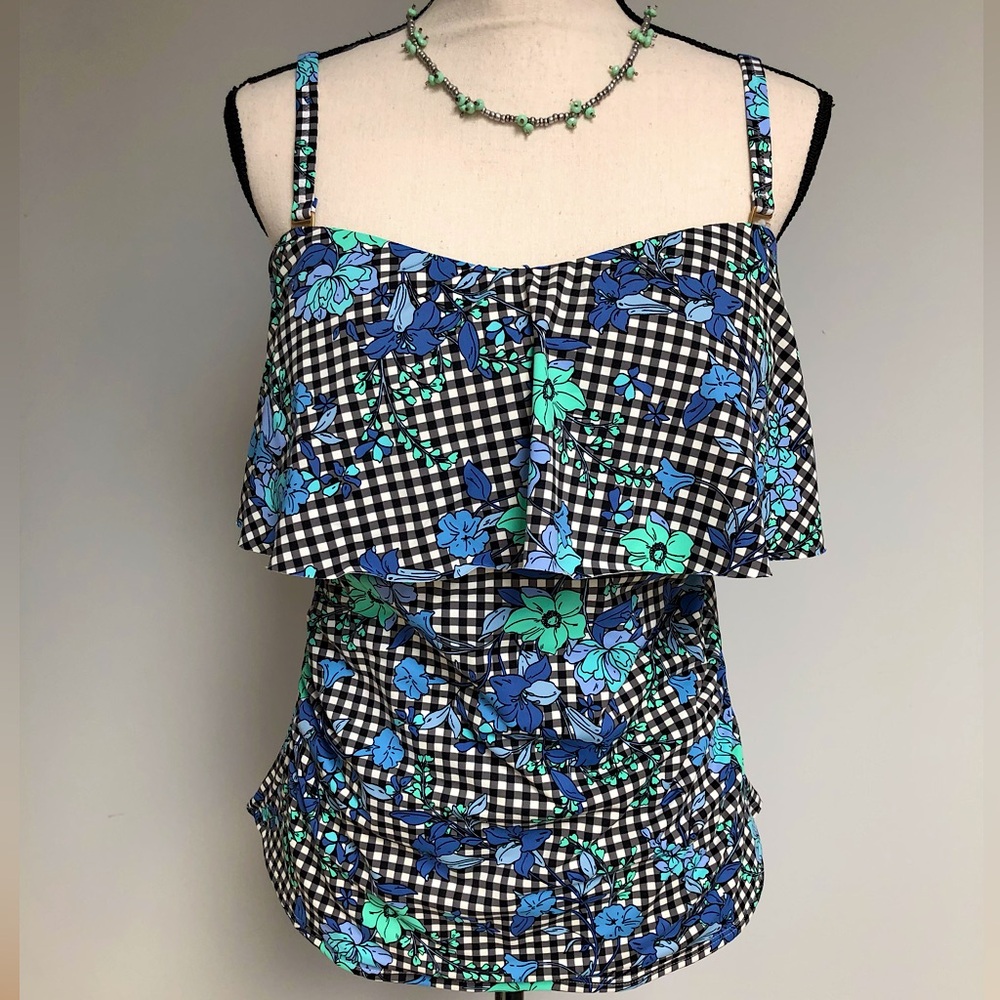 Lands End Flirty Ruffled Gingham Tankini Top Size 14
